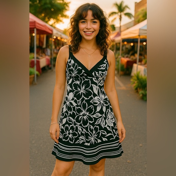 Vintage Nine West Y2K Floral Black White Floral Print Mini Dress Size 6 - Picture 1 of 14